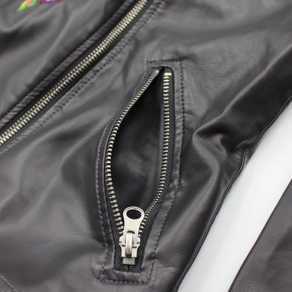 C&C California Dark Grey Embroidered Faux Leather Girls Biker Jacket Size 12 - Picture 7 of 11